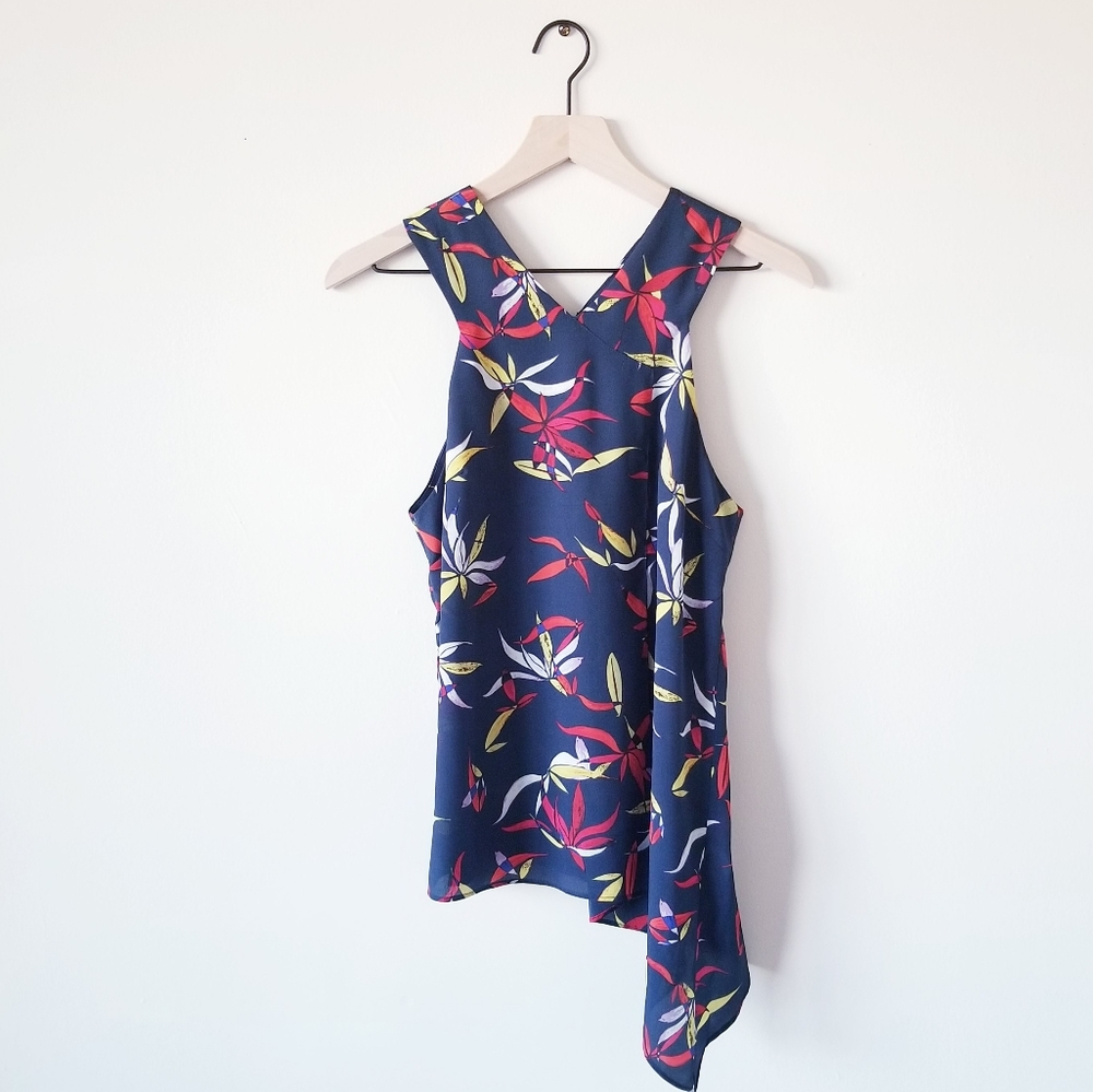 RACHEL Rachel Roy Navy Floral Asymmetric Tank with Red & Yellow Accents